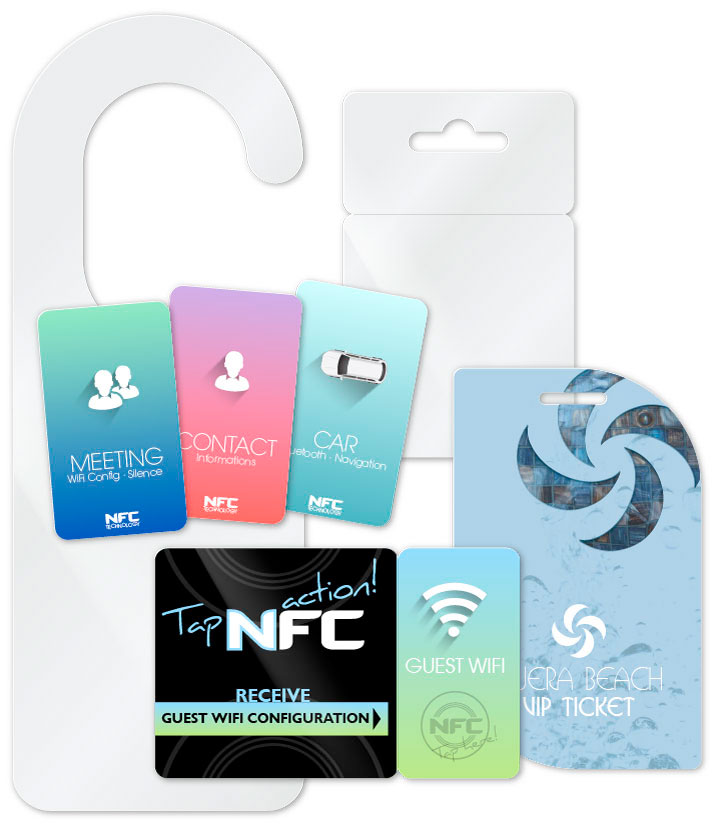 Freiformatkarten als Türanhänger/Spiegelanhänger, NFC Tag und Abbrechbarkarte