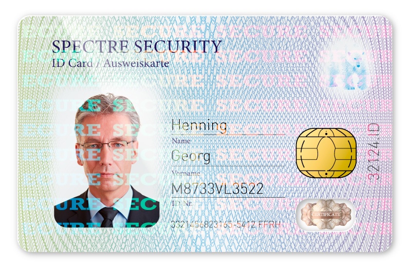 Karte mit Sicherheitsmerkmalen Hologramme, Irisdruck, Guillochen